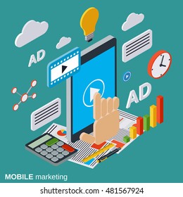 Mobile marketing, advertising, promotion flat isometric vector concept illustration