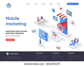 Mobile marketing agency isometric landing page. Targeting marketing campaign isometry concept. Mobile platform for advertising and promotion flat web page. Vector illustration with people characters.