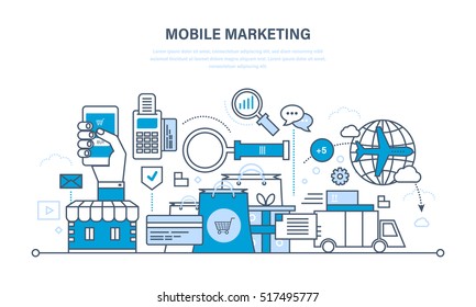 Mobile marketing, analysis and statistics, e-shop, acquisition cycle of products from product selection and payment, to delivery. Illustration thin line design of vector doodles, infographic elements.