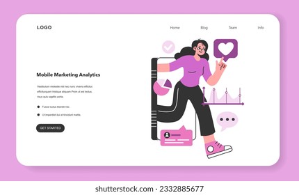 Mobile marketing analytics web banner or landing page. Brand digital promotion report charts and metricas. Data analysis software. E-commerce efficiency essesment. Flat vector illustration