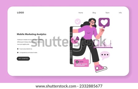 Mobile marketing analytics web banner or landing page. Brand digital promotion report charts and metricas. Data analysis software. E-commerce efficiency essesment. Flat vector illustration