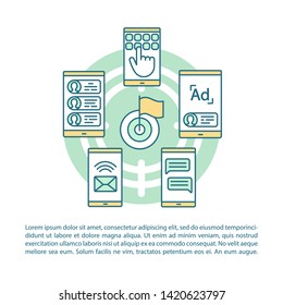 Mobile marketing article page vector template. Target audience. Brochure, magazine, booklet design element with linear icons and text boxes. Print design. Concept illustrations with text space 