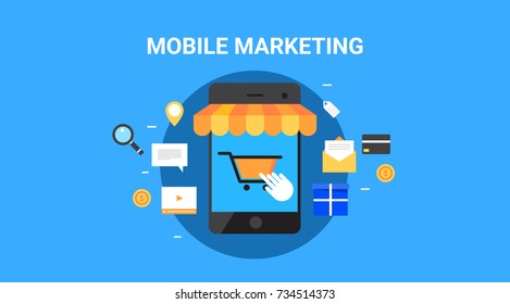 Mobile marketing, Mobile commerce flat design vector banner with icons
