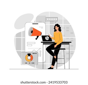 Mobile marketing concept. Advertising content creation, blog promotional materials. Illustration with people scene in flat design for website and mobile development.	
