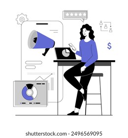 Mobile marketing concept. Advertising content creation, blog promotional materials. Vector illustration with line people for web design.	
