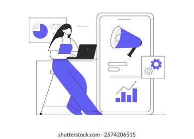 Mobile marketing concept. Advertising content creation, blog promotional materials phone screen. Flat Cartoon Vector Illustration, icon. Stylish abstract 