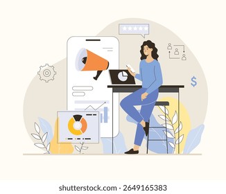 Conceito de marketing móvel. Criação de conteúdo publicitário, material promocional de blog. Ilustração de vetor plano.	
