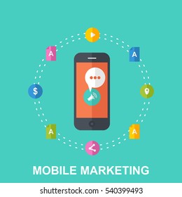 Mobile Marketing Concept Design. Flat Illustration with different Icons. Colorful Banner