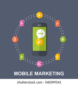 Mobile Marketing Concept Design. Flat Illustration with different Icons. Colorful Banner