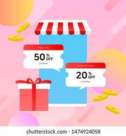 Mobile marketing concept design. Smart phone, coupon and gift box.