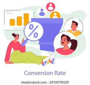 Mobile Marketing concept. Digital marketers analyzing conversion rates. Engaging audience using data analytics. Vector illustration.