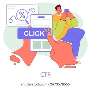 Mobile Marketing concept. Engaging illustration of user interacting with online ads for higher click-through rate. Digital advertising strategy. Vector illustration.