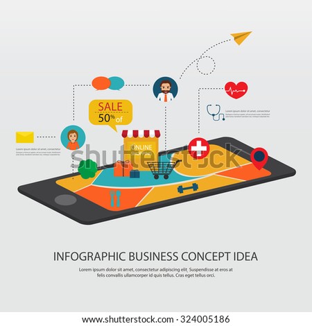 Mobile marketing concept with flat icon business infographic. Mobile shopping. Shopping online. Business online. Vector illustration