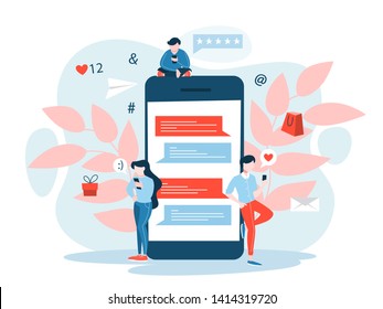 Concepto de marketing móvil. Idea de comunicación digital y comercio electrónico. Tecnología de publicidad. Ilustración vectorial en estilo de caricatura