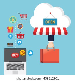 Mobile marketing concept idea with flat icons. Vector illustration. Set of flat design concept icons for online shopping. 