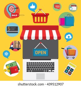 Mobile marketing concept idea with flat icons. Vector illustration. Set of flat design concept icons for online shopping. 