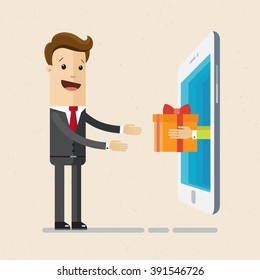 Mobile Marketing concept. Manager or business man pick up a present from big phone. Illustration, vector EPS 10