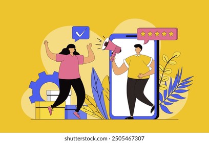 Mobile marketing concept with modern flat design for web. Marketer with megaphone making advertising campaign in application with promo mailings and gifts for attract new buyers. Vector illustration.