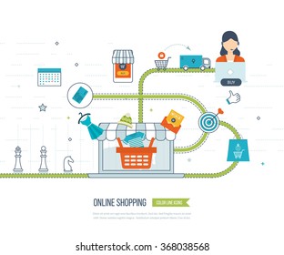 Mobile marketing concept. Online shopping. Shopping basket. Online shop, payment. Strategy for successful business. Mobile banking. Delivery service. Color line icons