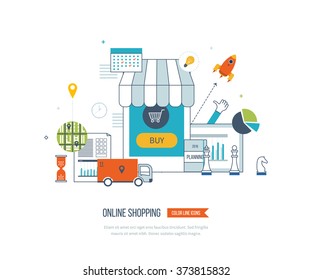 Mobile marketing concept. Online shopping. Shopping basket. Investment business. Strategy for successful business. Mobile banking. Delivery service. Color line icons