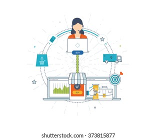 Mobile marketing concept. Online shopping. Shopping basket. Online shop, online payment. Strategy for successful business. Delivery service. Investment growth. Color line icons