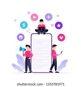 Mobile Marketing concept, People share info about referrals and earning money. Suitable for web landing page, ui, mobile app, banner template. Vector Illustration