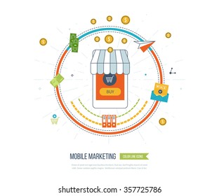 Mobile marketing concept. Social network. Online shopping. Shopping basket. Investment business. Strategy for successful business. Mobile banking. Color line icons