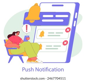 Mobile marketing concept. A user receives push notifications on a digital tablet, indicating active engagement with online content. User interaction with apps. Vector illustration.