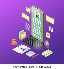 Mobile marketing content isometric vector illustration. Copywriting, storytelling 3d concept. Copywriter, content writer workplace. Smartphone with keyboard and stationery items isolated clipart