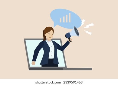 Mobile marketing, digital strategy using influencers or advertising with social media apps, cheerful woman narrating promotion on megaphone popping up from laptop screen.