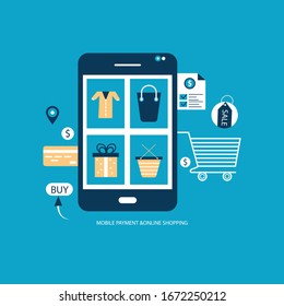 Mobile marketing e-marketing e-comerce app store. Flat design style modern vector illustration.