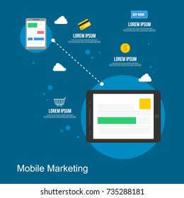 Mobile marketing flat design on blue background