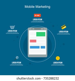 Mobile marketing flat design on blue background