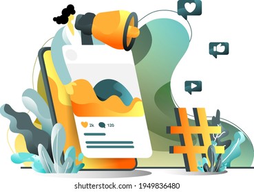 Mobile Marketing flache Illustration Konzept von Frauen Werbung mit Mikrofonen, perfekt für Landing-Seiten, Vorlagen, UI, Web, mobile App, Poster, Banner, Flyer. Vektorgrafik