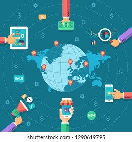Mobile marketing in flat style. Earth, human hand with a laptop, phone, money. Vector illustration.
