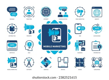 Mobile Marketing icon set. Distribution, Website, Consumers, Goods, Viral Marketing, Communication, Promote, Targeting. Duotone color solid icons