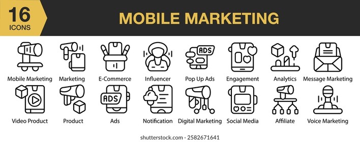 Mobile Marketing icon set. Includes marketing, mobile, online, communication, digital, and More. Outline icons vector collection.