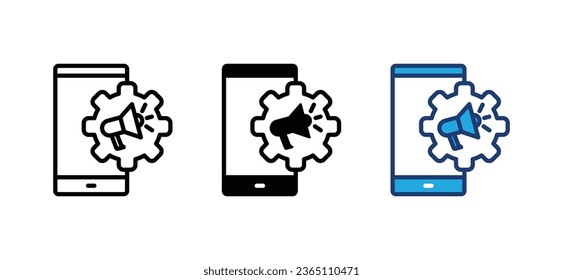 Mobile marketing icon. Smartphone, megaphone, loudspeaker, gear, advertising icon symbol in thin line and flat style. Editable stroke. Vector illustration	