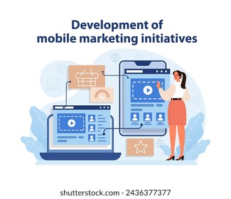 Mobile Marketing Initiative Development. Marketer planning and implementing mobile advertising strategies on a smartphone interface. E-commerce innovation. Flat vector illustration.