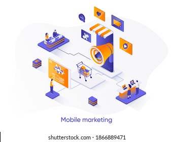 Mobile marketing isometric web banner. Mobile platform for advertising and promotion isometry concept. Online marketing strategy 3d scene, flat design. Vector illustration with people characters.