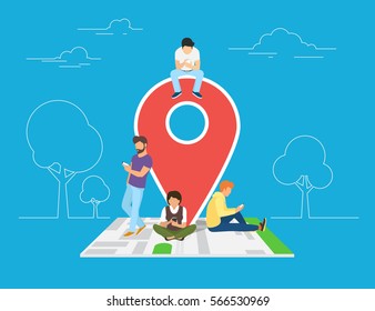 Mobile marketing with map tag concept illustration of young people using mobile smartphone to find shopping mall, events and offers. Flat guys and women sitting on the map with red pin symbol