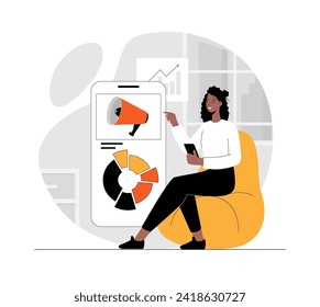 Mobile marketing. Marketer with megaphone promotes product or service.Business communication, attracting new customers. Illustration with people scene in flat design for website and mobile development