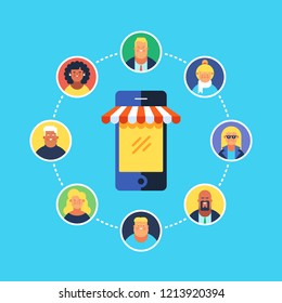 Mobile marketing, Online shopping, Eshop, Internet selling, e-marketing, m-comerce. Flat design modern vector illustration concept.