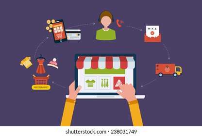 Mobile Marketing And Online Store Concept Flat Icons. Full Circle Of Online-shopping With Mail Menu Of Wide Range Products, Product  Research, Basket, Pay Per Click, Call Center, Delivery. 