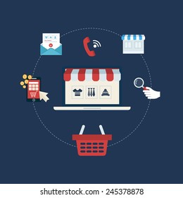 Mobile marketing and online store concept flat icons. Pay per click. Product search. Vector illustration