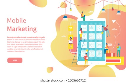 Mobile marketing online web page with modern device vector. Tablet and IT workers developing apps and programs, Internet market research website template