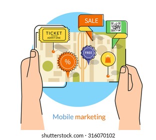 Mobile marketing and personalizing. Human hands hold a smartphone with map and commercial pins. Text outlined, free font Lato
