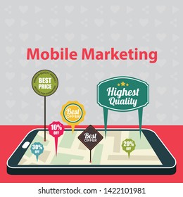 Mobile marketing and personalizing. Smartphone with map and tags.