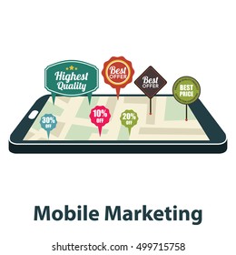 Mobile marketing and personalizing. Smartphone with map and tags