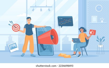 Mobile marketing. Promotion, advertising, social media campaign, digital marketing for attraction clients. Flat cartoon vector illustration with people characters for banner, website design or landing